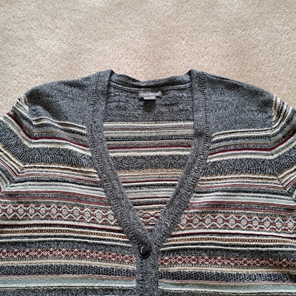 Eddie Bauer Cardigan Sweater Women's Size Medium Stripes Grey Neutrals - Picture 14 of 15